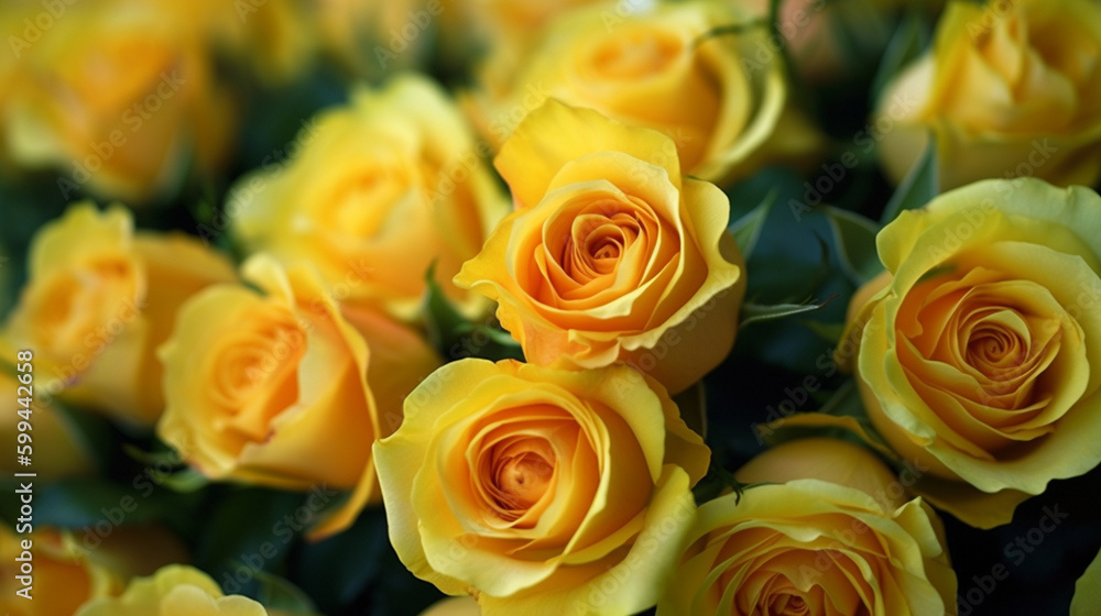 Bundles of Yellow Roses - Close Up of Bright Yellow Rose Flower Petals with Green Leaves - Generative AI Bundles of Yellow Roses - Close Up of Bright Yellow Rose Flower Petals with Green Leaves - Generative AI