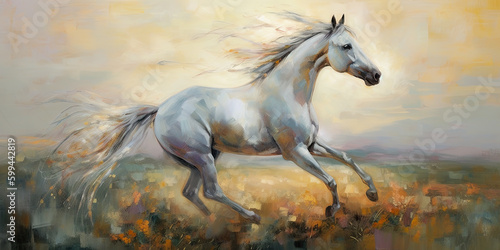 Illustration of a wild white horse running in full gallop  AI generative Generative AI