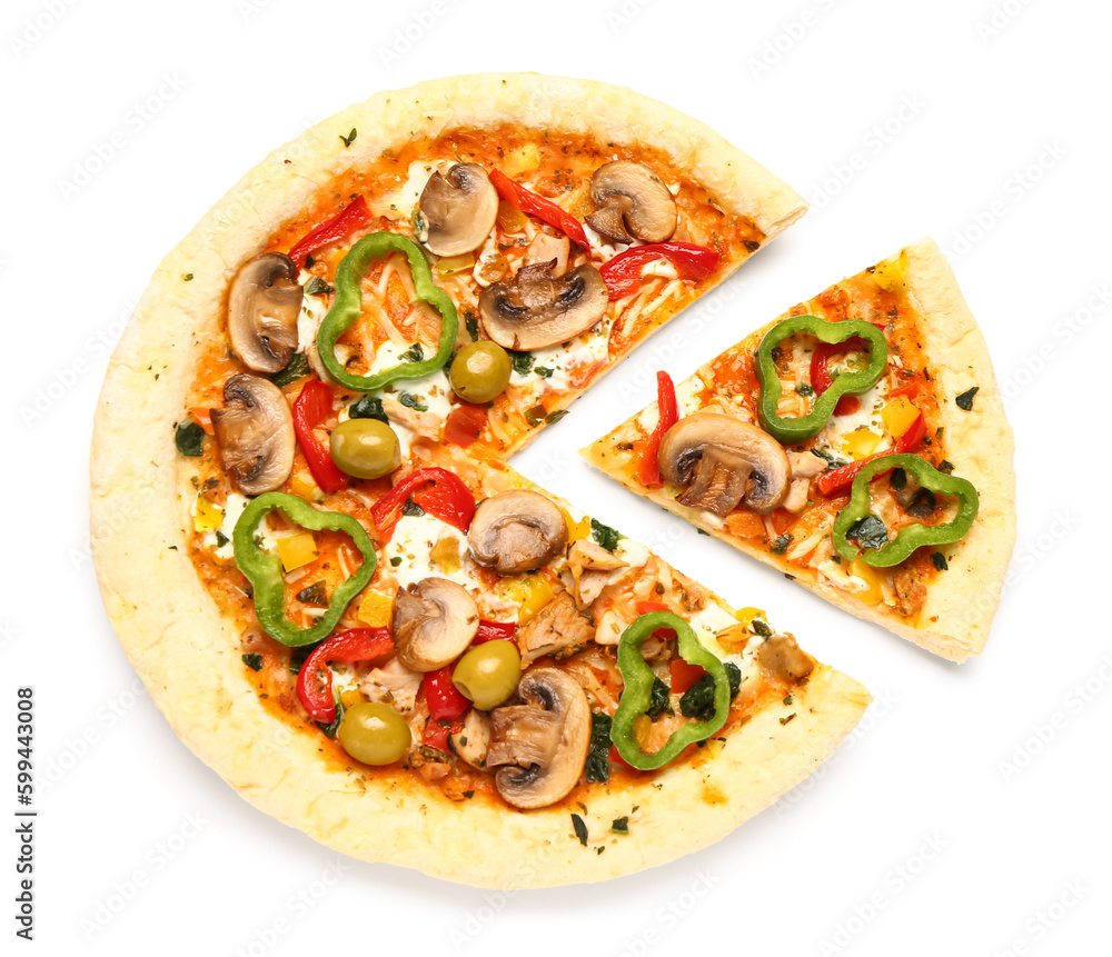 Sliced vegetable pizza on white background