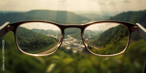 Brille Sehhilfe f  r scharfes sehen  Landschaft Aussicht scharf und unscharf Sicht  ai generativ