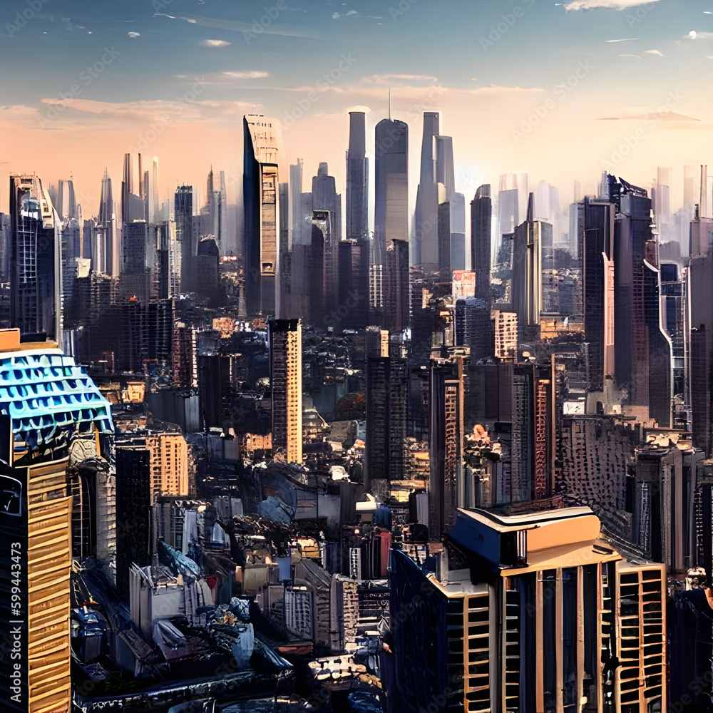 Photo & Art Print A futuristic city skyline, with sleek
