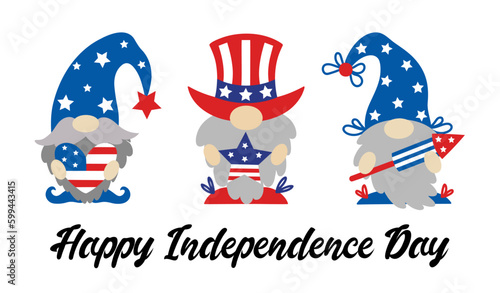 Cute patriotic gnomes by July 4th. American Independence Day. Elves with beards hold a heart, a star, a petard in the colors of the USA flag. A set of dwarves in national hats. Cartoon vector clipart