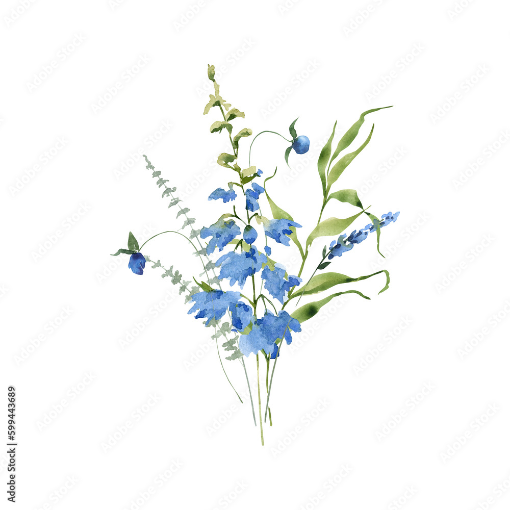 Watercolor blue wildflowers bouquet, Botanical flowers liiustration