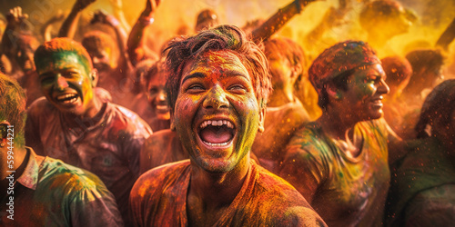 Traditionelles Holi-Festival in Indien mit vielen bunten Farbpulver Explosionen in Menschenmenge, ai generativ