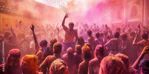 Traditionelles Holi-Festival in Indien mit vielen bunten Farbpulver Explosionen in Menschenmenge, ai generativ