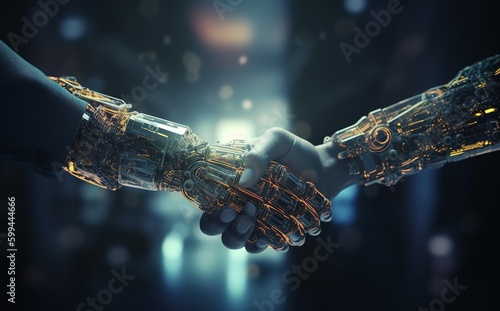 Two humanoid robots handshaking in office. 3D Rendering