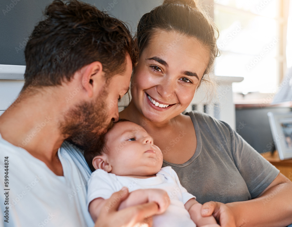 Obraz premium We need nothing more. a young mother and father bonding with their newborn baby boy in the bedroom.
