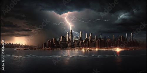 Destructive and powerful thunder storm strike metropolis city with thunderbolt. superlative generative AI image.