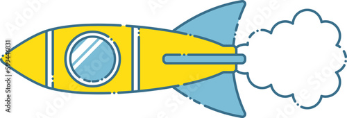 青と黄色のかわいいロケット、ミサイルのイラストと噴射フレーム