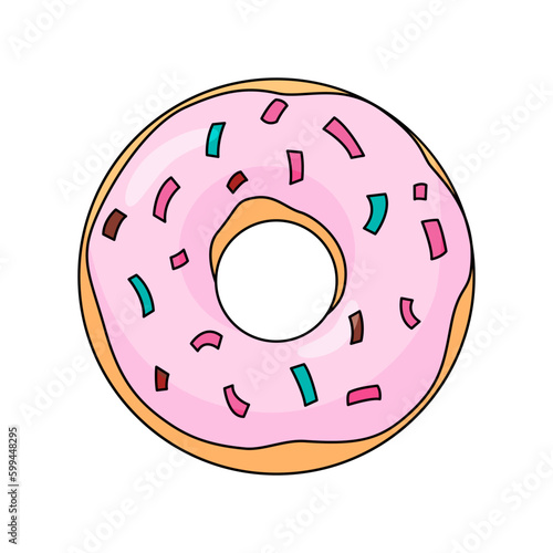 Pink donut with strawberry icing and colorful sprinkles cartoon flat vector illustration