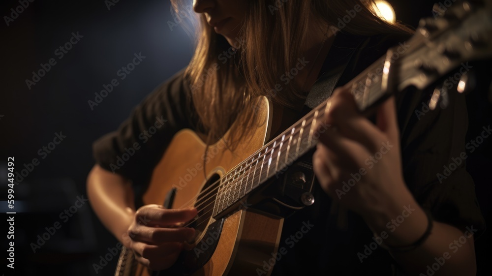 Guitarist Female Hispanic Young Adult Playing guitar on stage or in a music video in Performance venue. Generative AI AIG22. - obrazy, fototapety, plakaty 