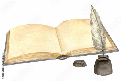 Open book with feather in an inkwell. Watercolor hand drawn illustration isolated on white background. Template for design cards, flyers and invitations.