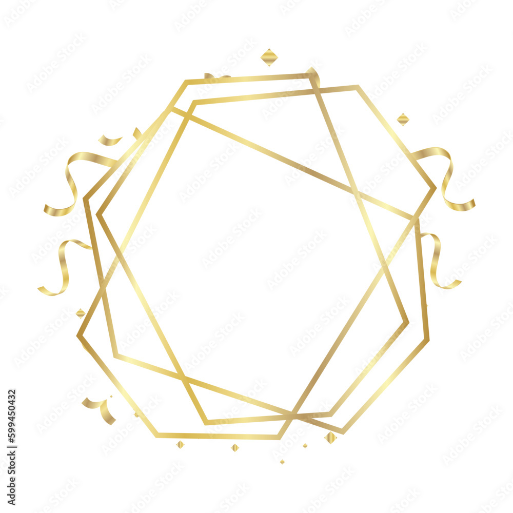 Gold Frame geometrical polyhedron with ribbons ornament, art deco style for wedding invitation, luxury templates, decorative patterns, Modern abstract elements, isolated on backgrounds.