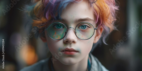 Jugendlicher Schüler mit Brille und gefärbten Haaren im Freien, ai generativ