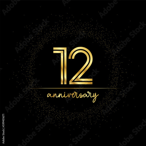 12 years golden number for anniversary with golden glitter and line on a black background