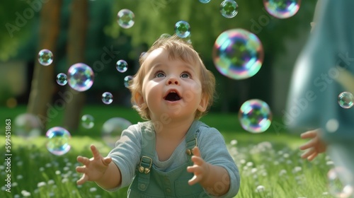 Little boy with soap bubbles in summer park. Generative AI.