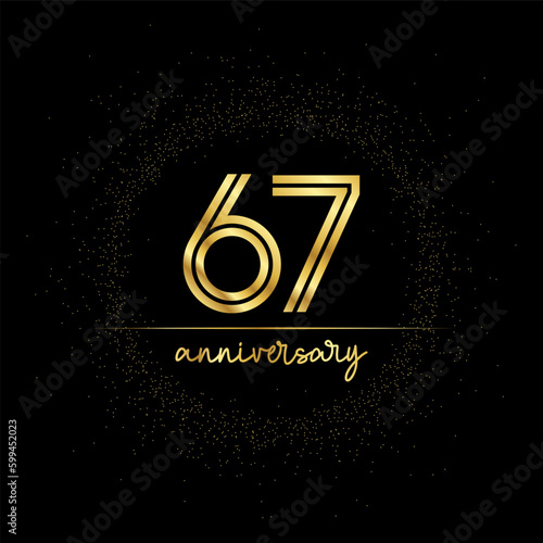 67 years golden number for anniversary with golden glitter and line on a black background