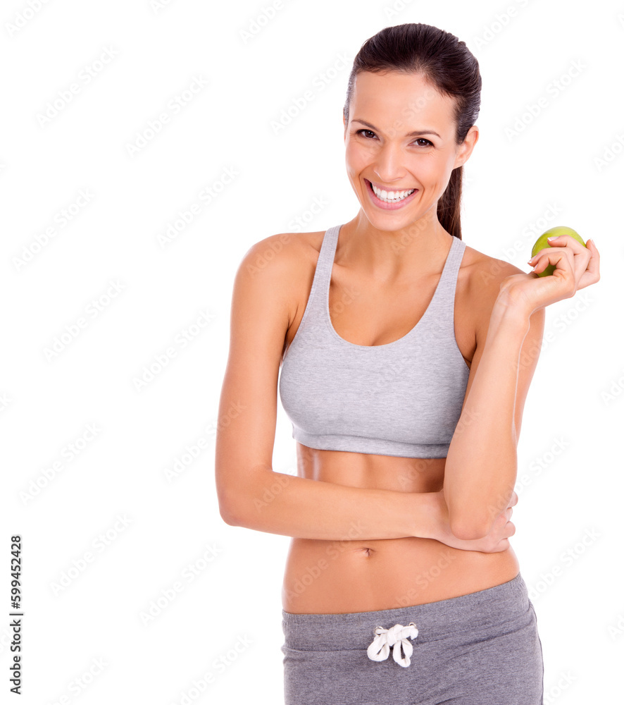 You have to eat right. Studio shot of a sporty young woman holding an apple and smiling. You have to eat right. Studio shot of a sporty young woman holding an apple and smiling.