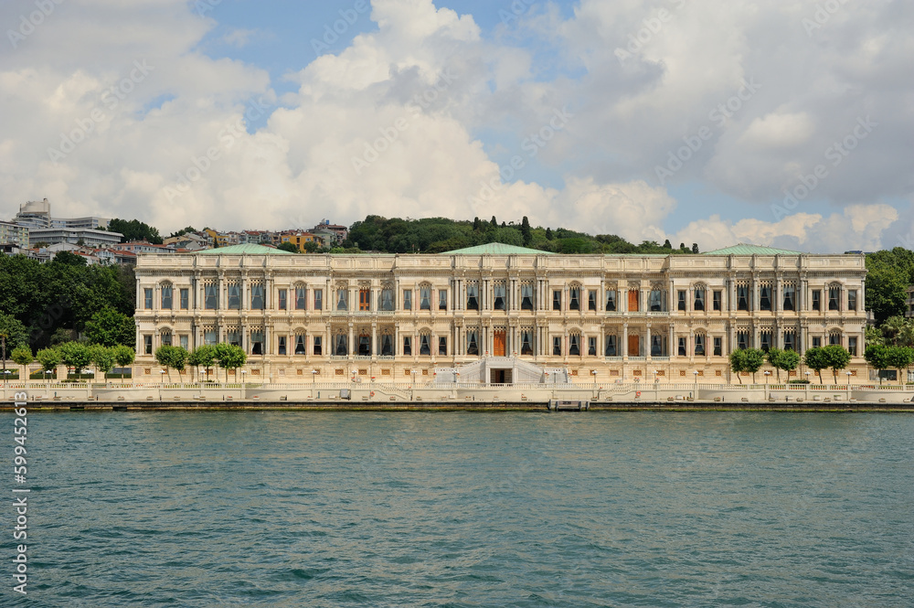 Panaromic view from the Bosphorus towards the historical Ciragan Palace.