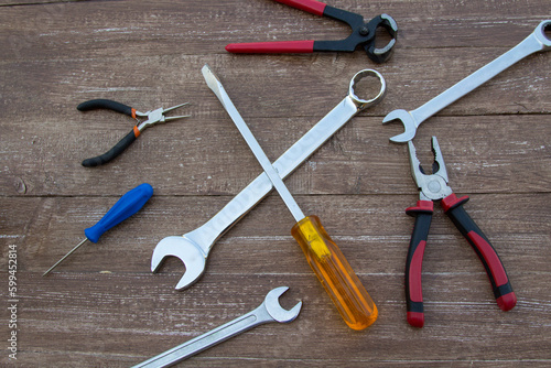 Images of various wrenches, screwdrivers, pliers and pliers. Tools of a handyman for repairs. 