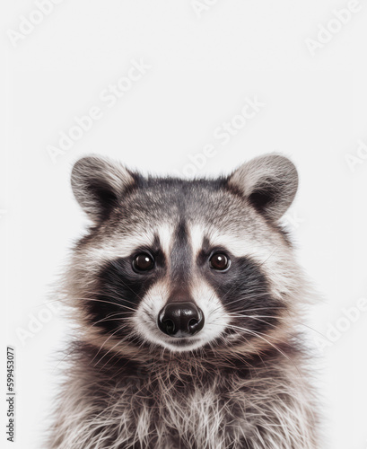 portrait / face of a cute little baby raccoon looking straight into the camera, isolated over a light bright grey background, minimalist nursery, animal or wildlife poster or card, generative AI © Anja Kaiser