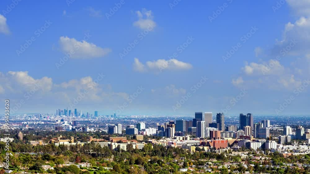 Los Angeles downtown skyline time lapse on a sunny day. California, USA. Los Angeles downtown skyline time lapse on a sunny day. California, USA.