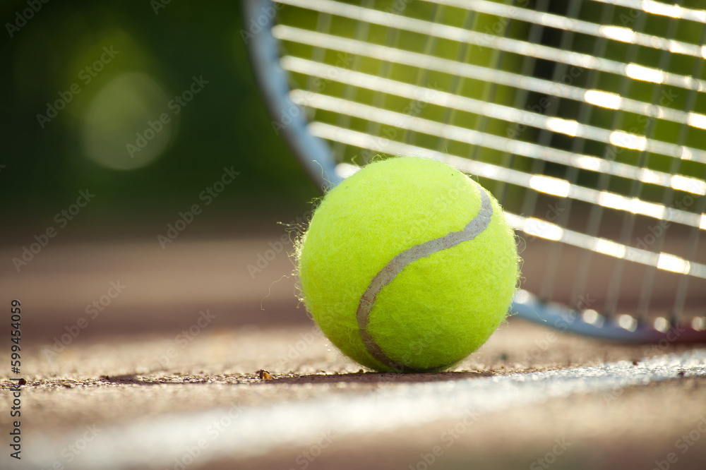 Tennis racquet and yellow tennis ball on outdoor court