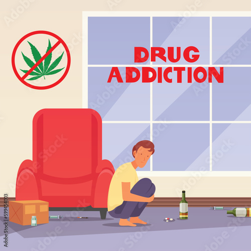 A man sits in front of a window with the word drug addiction on it