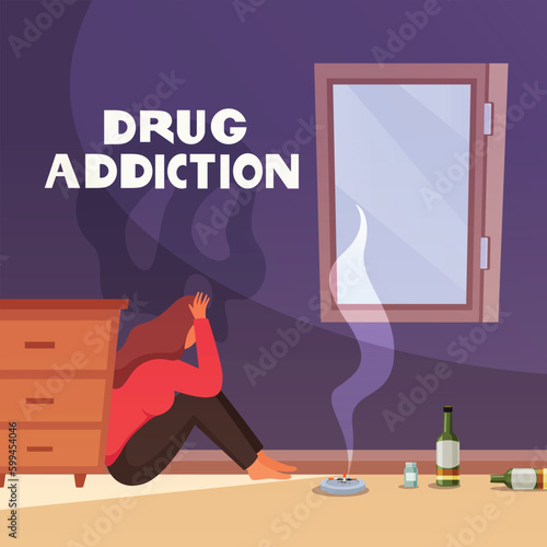 A woman sits on the floor in front of a window that says drug addiction