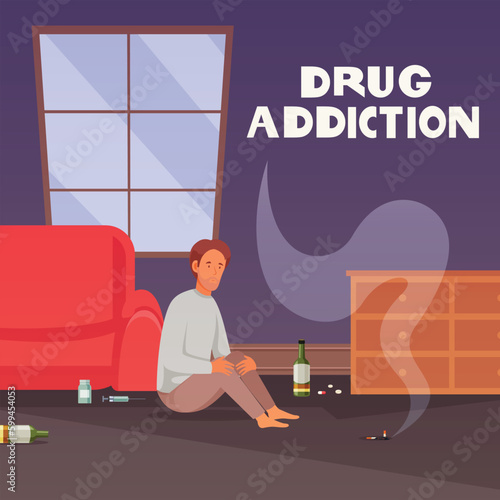 A man sits in front of a red couch with the words drug addiction