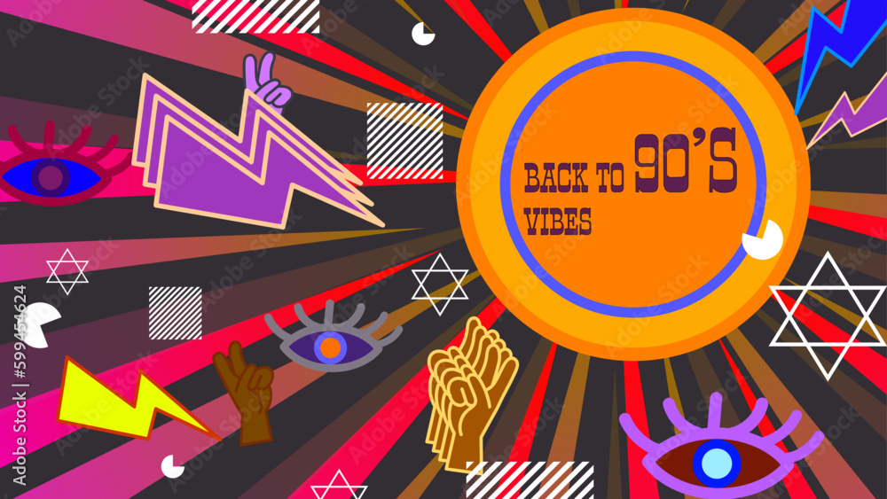 Vector 90s party cartoon background illustration with retro music 1990 ...
