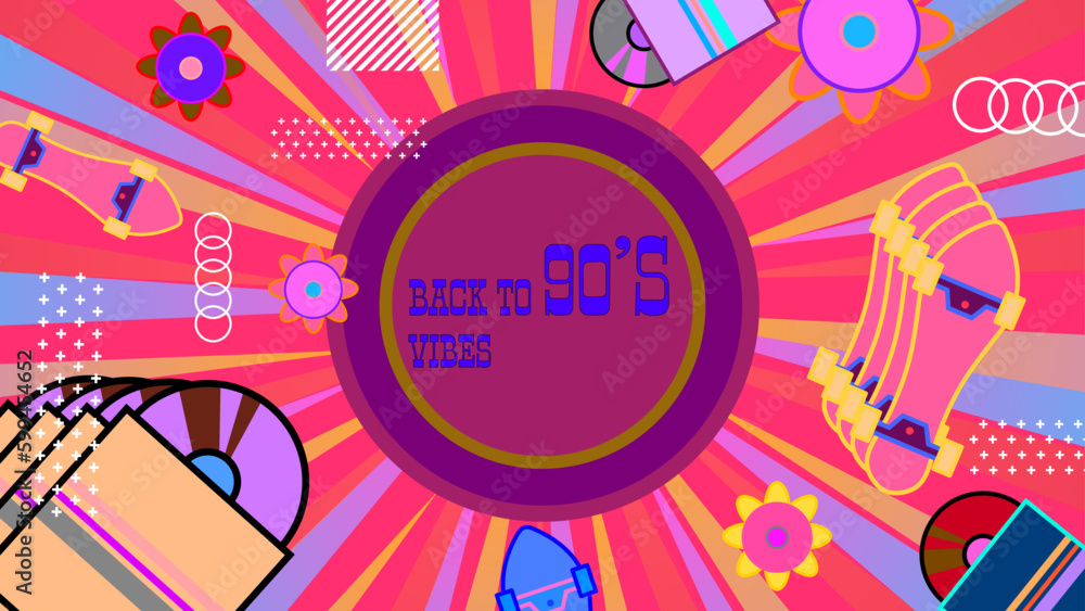 Obraz premium Vector flat style nostalgic background 90 colorful colourful