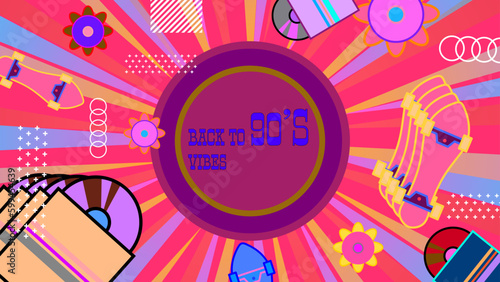 Vector 90s party cartoon background illustration with retro music 1990 and disco in old style design colorful colourful