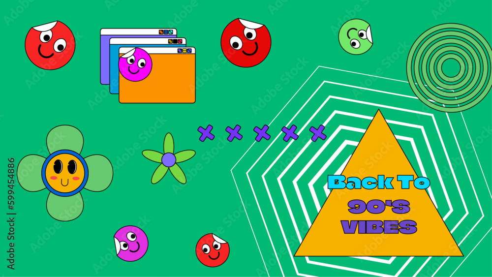 Naklejka premium Vector 90s retro party cartoon background illustration in trendy flat style design colorful colourful