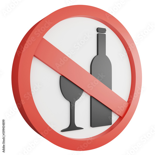 No alcohol sign icon isolated on transparent background , 3D render red mandatory sign