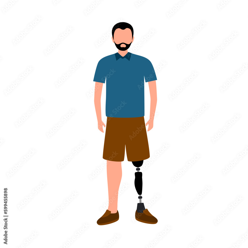 Man with prosthetic leg is standing in flat design on white background.