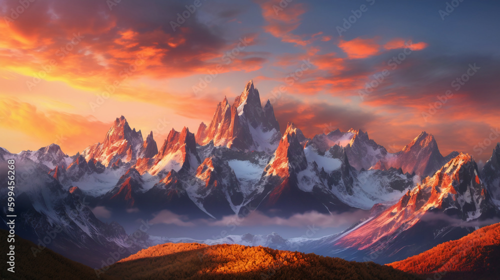 Mountain landscape at sunset. Panoramic view of the mountains. Created with Generative AI tools