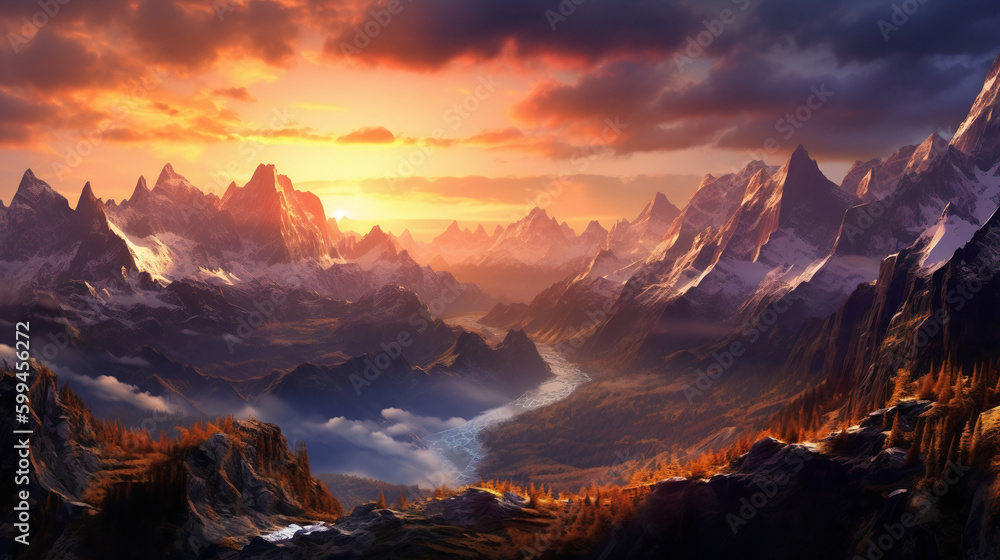 Fantasy mountain and lake sunset landscape. Created with Generative AI tools