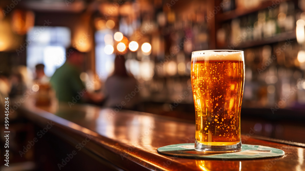 Glass of beer on a bar counter in a pub or restaurant. Created with Generative AI tools Glass of beer on a bar counter in a pub or restaurant. Created with Generative AI tools
