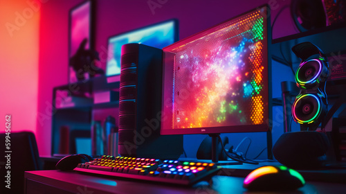 Computer in room with colorful neon light. Gaming and entertainment concept. Created with Generative AI tools