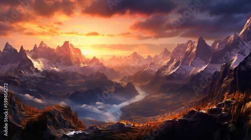 Fantasy mountain and lake sunset landscape. Created with Generative AI tools