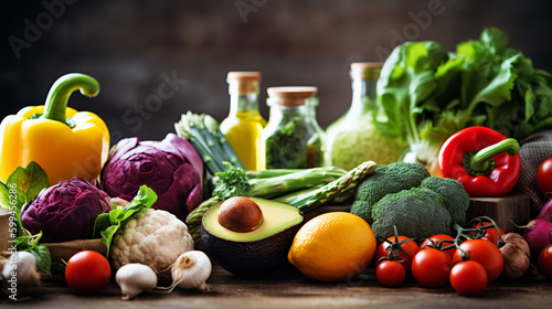 Assortment of fresh vegetables and olive oil on rustic wooden table. Created with Generative AI tools