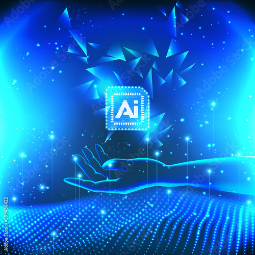 AI technology concept transparent hand holding brain and wave dot line futuristic style elegant blue tone over exposed background