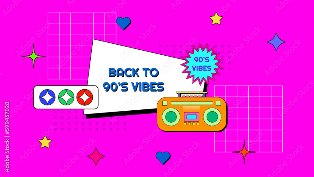 Vector 90s party cartoon background illustration with retro music 1990 and disco in old style design colorful colourful Vector 90s party cartoon background illustration with retro music 1990 and disco in old style design colorful colourful