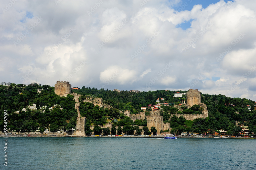 The view from the sea of the Rumeli Fortress on the Bosphorus coast, which was built by Fatih Sultan Mehmet in 1453.