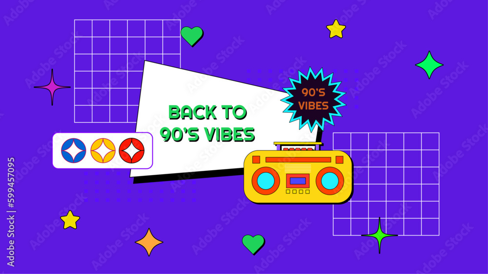 Vector 90s party cartoon background illustration with retro music 1990 and disco in old style design colorful colourful Vector 90s party cartoon background illustration with retro music 1990 and disco in old style design colorful colourful