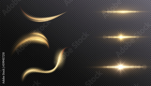 Set of light effects golden glowing light isolated on transparent background. Solar flare with rays and glare. Glow effect. Starburst with shimmering sparkles.	
