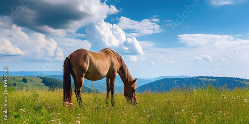 Horse grazing in a green meadow  Generative AI