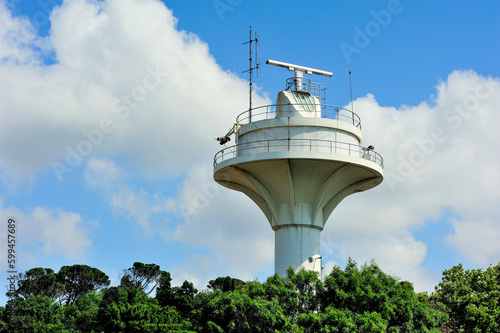 Obraz na płótnie maritime traffic monitoring station on blue sky with white clouds background, Bosphours, Istanbul Turkey w salonie