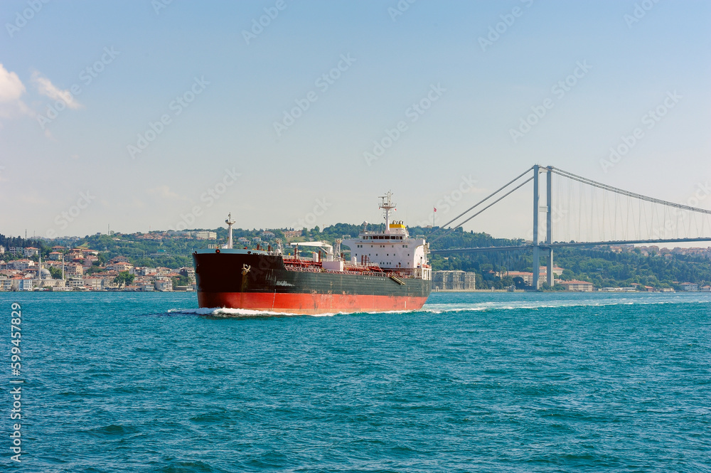 Large bulk carrier sailing on the Bosphorus Strait in Istanbul, Turkey